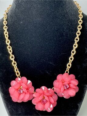 Gold-tone Chain Necklace with Pink Floral Crystal & Lucite Pendant Trio #1733